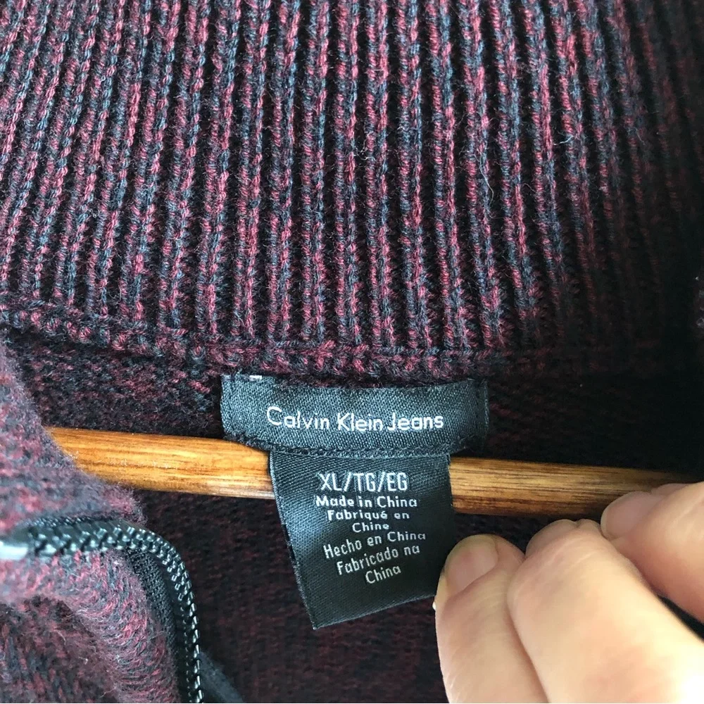 Calvin Klein 1/4 Zip Cotton Sweater. Burgundy/ Black Marled. XL